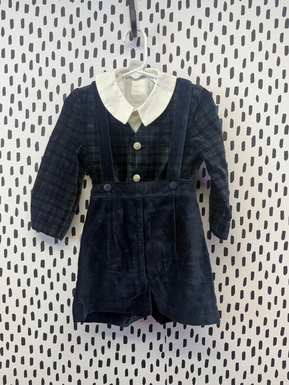 1980s Boys Navy Blue Velveteen Romper, shirt, blazer and stockings New 24 months